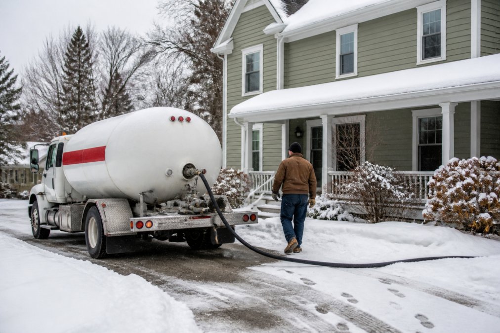 Propane delivery truck parked at residential home during winter with snow covering the ground and driveway