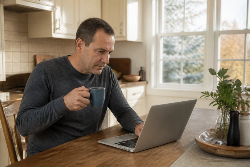 Homeowner sitting at kitchen table reviewing propane pricing on a laptop with a warm beverage nearby, natural morning light from window