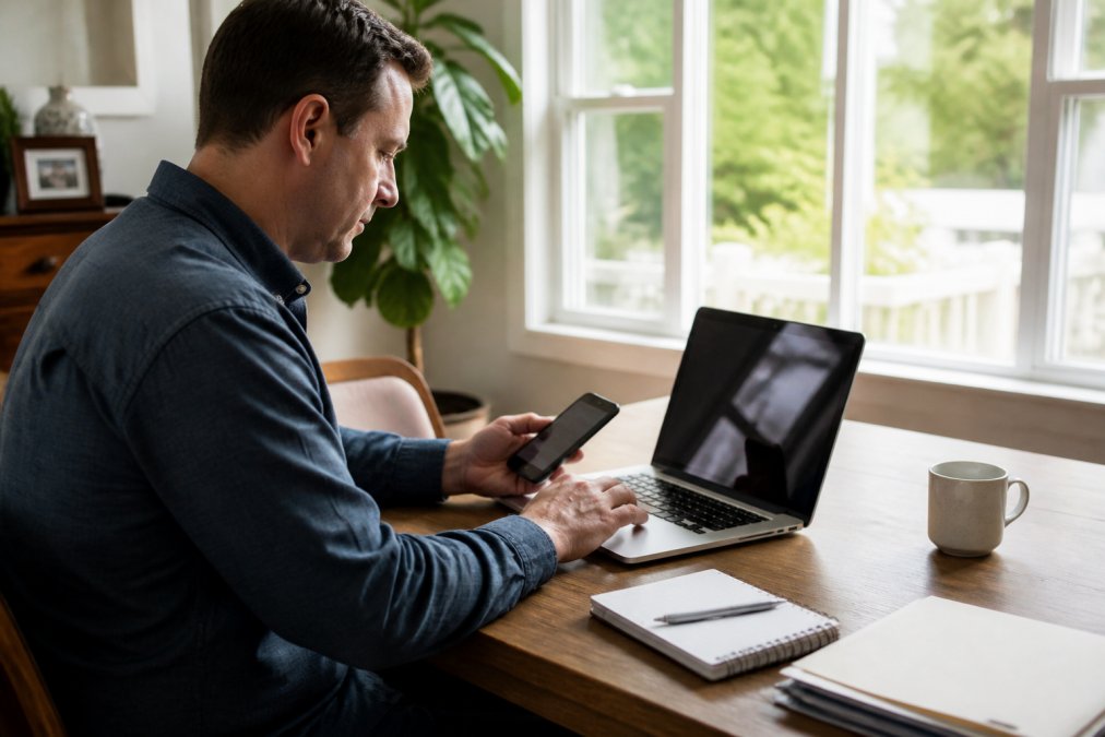 Person at home office desk using laptop and smartphone simultaneously to check real-time propane pricing and place an online order, natural sunlight from window