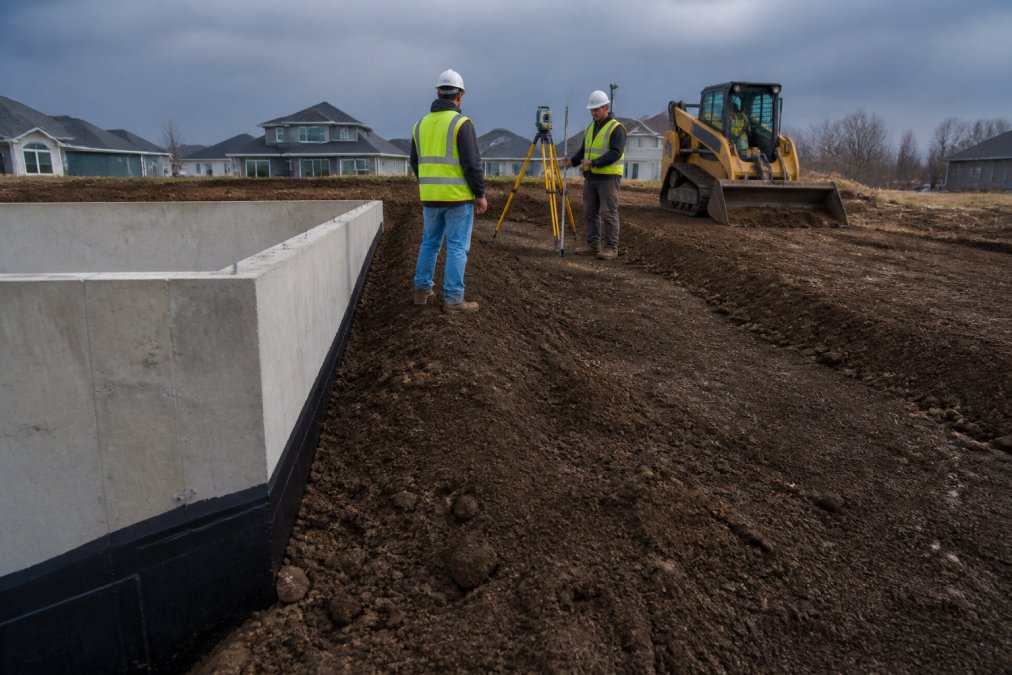 A construction crew in hard hats using a laser level and skid steer to grade a residential lot, freshly moved dark soil sloping away from a concrete foundation, overcast Michigan afternoon light