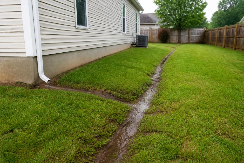 A single-story suburban home after a rainstorm, showing a clear downward slope from the foundation to the lawn with a shallow grassy swale carrying water away from the house