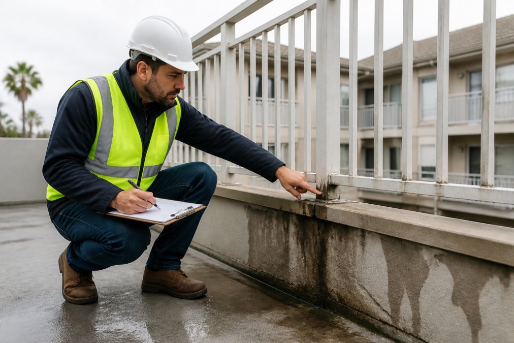 A licensed inspector in a safety vest examining a residential balcony railing and deck surface with a clipboard, focusing on structural connections and visible water damage, overcast daylight