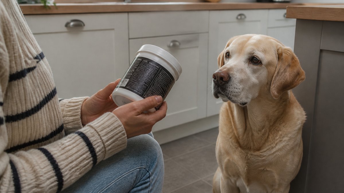 Close-up of a person's hands holding a dog supplement tub and reading the label, with a senior Labrador sitting patiently beside them in a bright kitchen