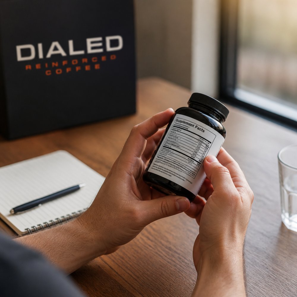 Close-up of hands examining a supplement label with a notepad nearby to decode proprietary blends and ingredients.