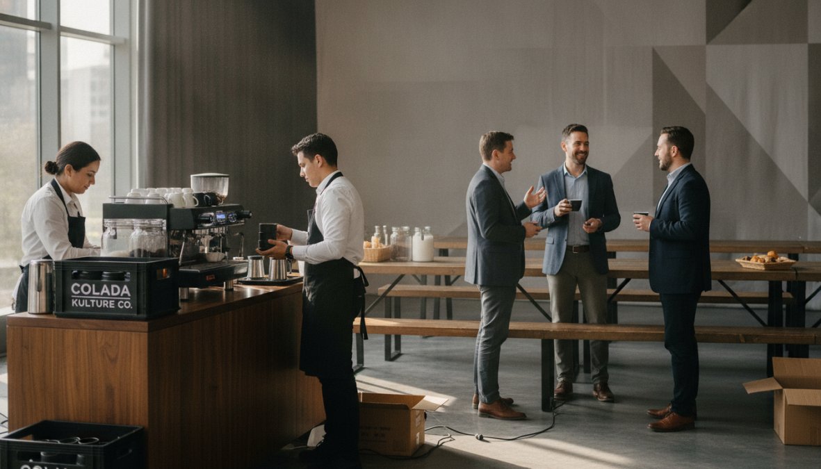 Professional mobile coffee cart with barista in branded uniform serving specialty drinks to conference attendees in business casual attire, holding cups and networking in a modern event space with natural lighting from large windows