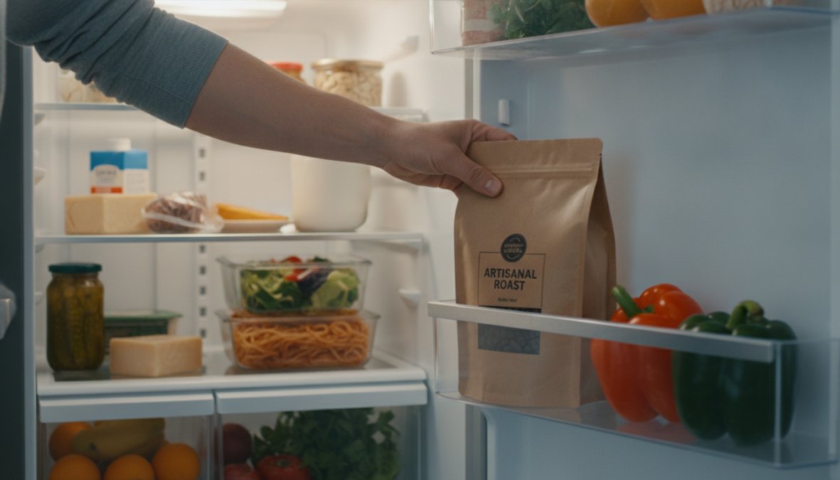 Close-up of a hand placing a sealed bag of whole roasted coffee beans inside an open refrigerator, surrounded by leftovers, cut vegetables, and open containers, warm kitchen light visible through the doorway