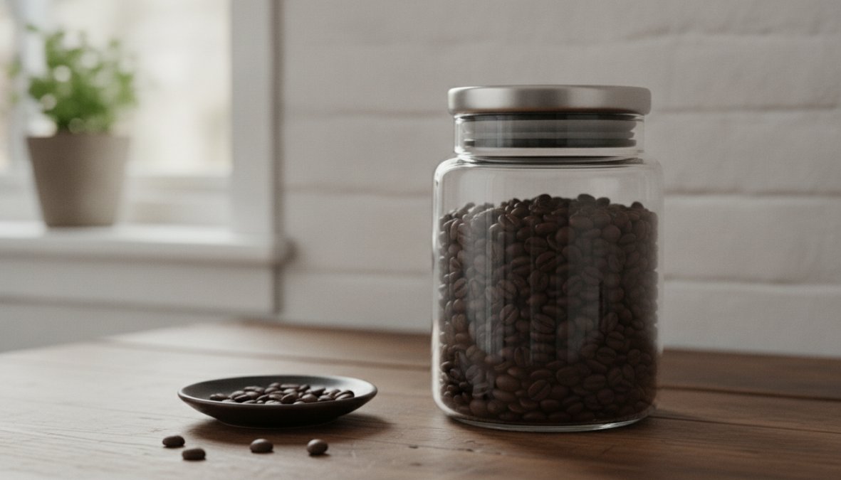 A clean kitchen countertop with a matte black airtight glass coffee canister sealed with a clamp lid, a kraft paper bag of roasted coffee beans with a CO2 valve, and a wooden scoop resting beside them, soft natural window light
