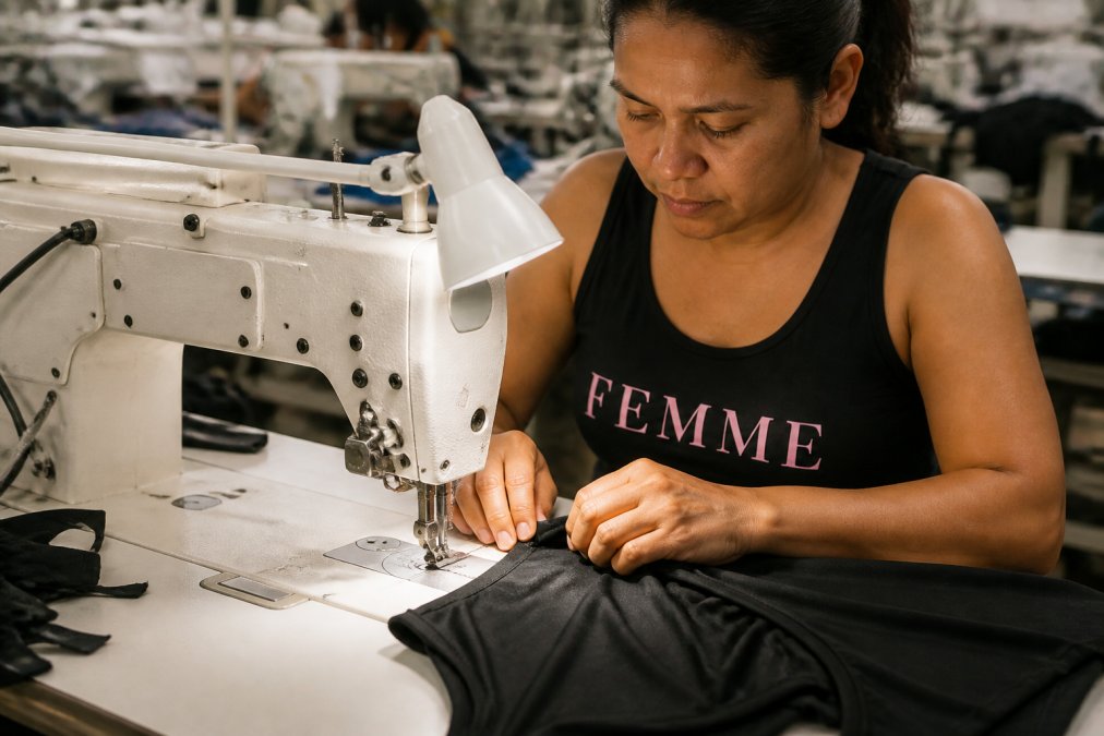 A skilled garment worker carefully stitching seams on a quality piece of apparel at a workstation, showing precision and attention to detail with focused concentration
