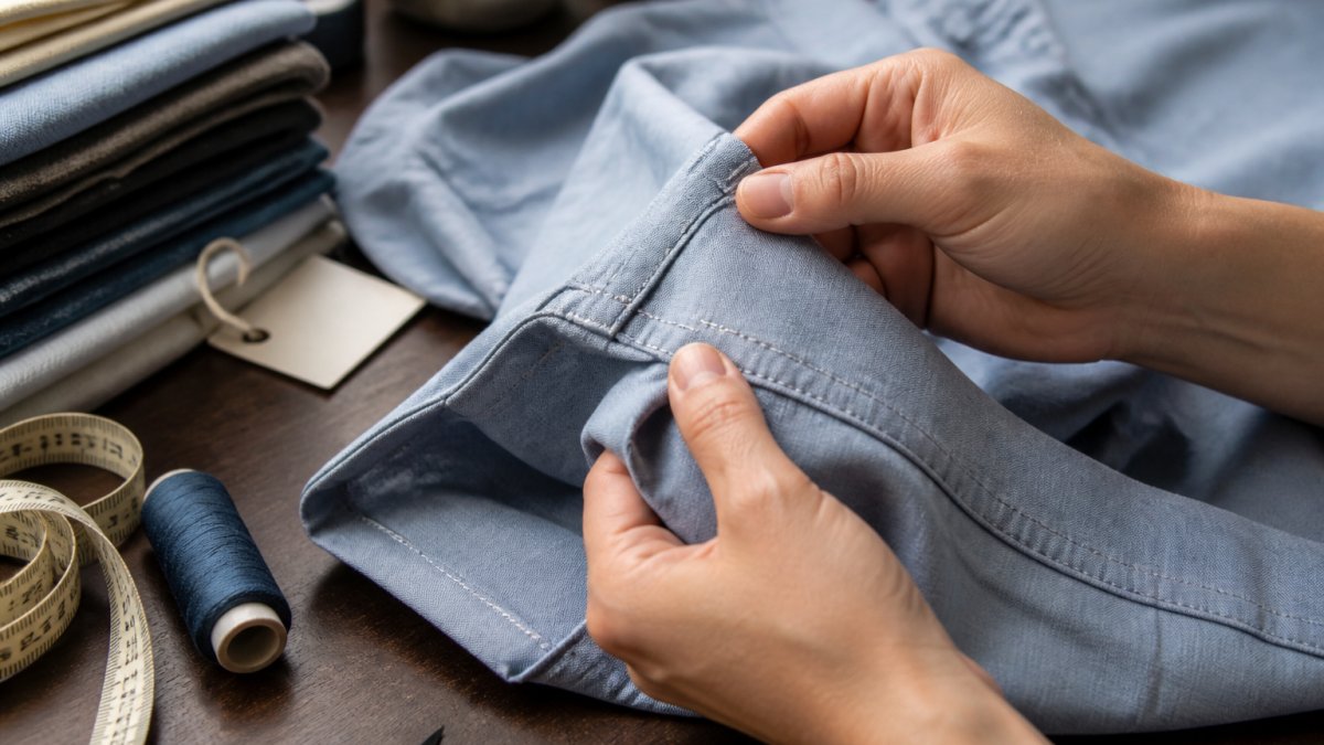 Close-up of hands examining fabric texture and seams on a quality shirt, fingers tracing stitching and checking seam alignment under natural light