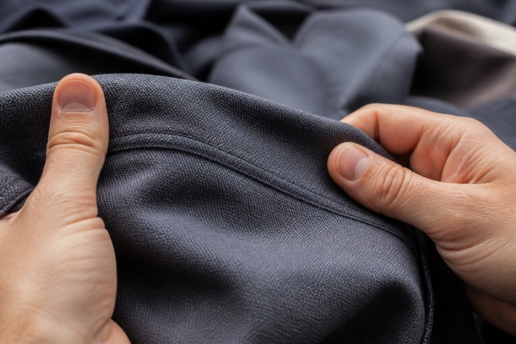 Close-up of premium fabric texture showing tight weave pattern and reinforced stitching detail under natural daylight, with hands demonstrating the dense fabric construction