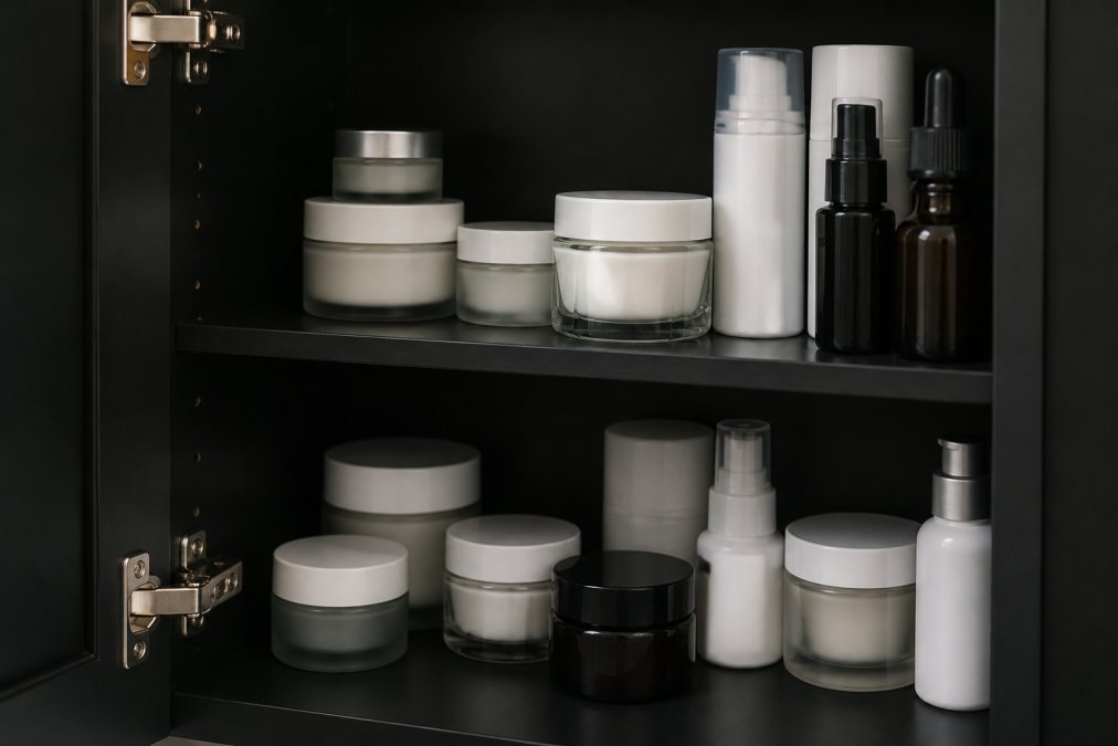 Close-up of beauty products organized in a cool, dark bathroom cabinet with opaque glass jars and airless pump bottles stored upright, away from windows and moisture sources