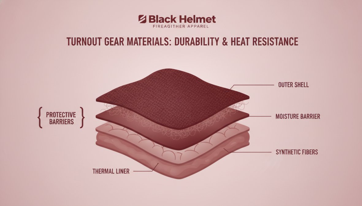 Close-up of firefighter turnout gear material layers showing texture, synthetic fiber construction, and protective barrier detail under natural lighting