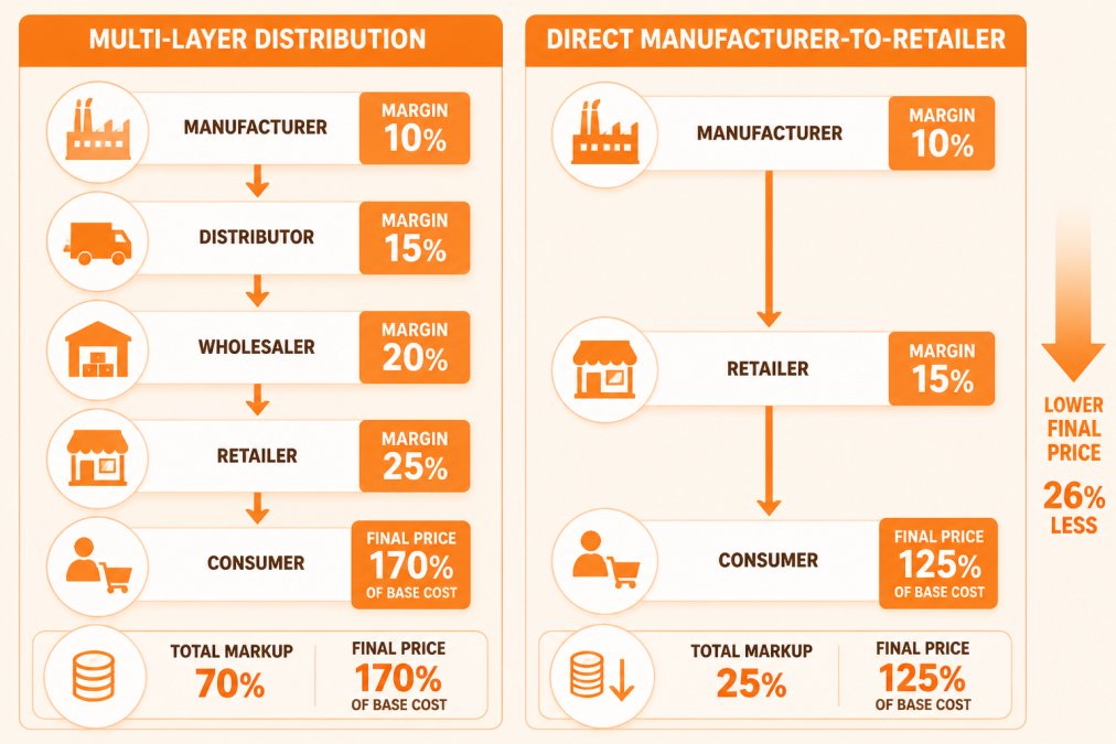 Comparison diagram showing two supply chain models side-by-side: (left) multi-layer distribution with manufacturer → distributor → wholesaler → retailer → consumer with margin percentages labeled at each layer; (right) direct manufacturer-to-retailer model with fewer layers and lower final price