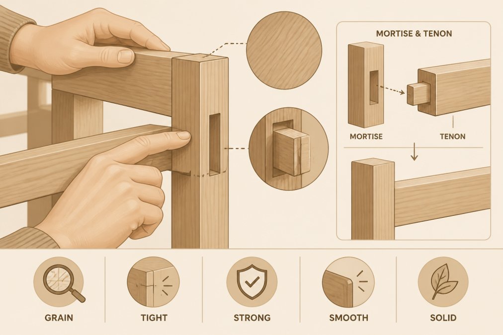 Close-up of hands examining wooden furniture frame joints and mortise-and-tenon construction details, showing careful inspection of wood grain and joinery precision in natural light