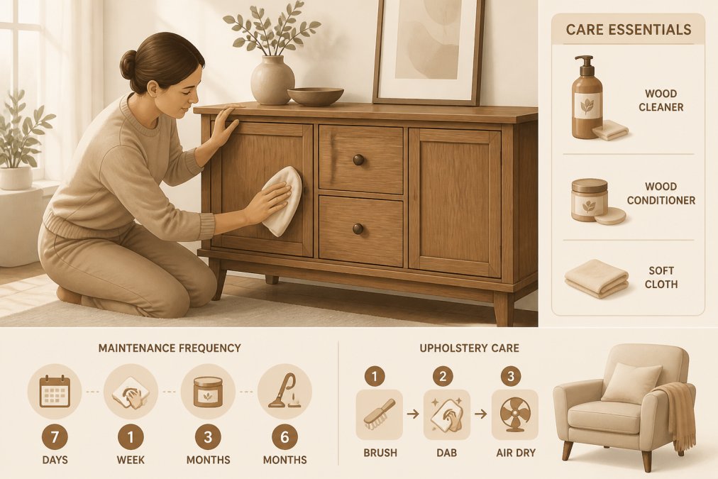 Person carefully cleaning and maintaining a quality wooden furniture piece with soft cloth and wood care products in bright natural home lighting, showing gentle upholstery maintenance technique