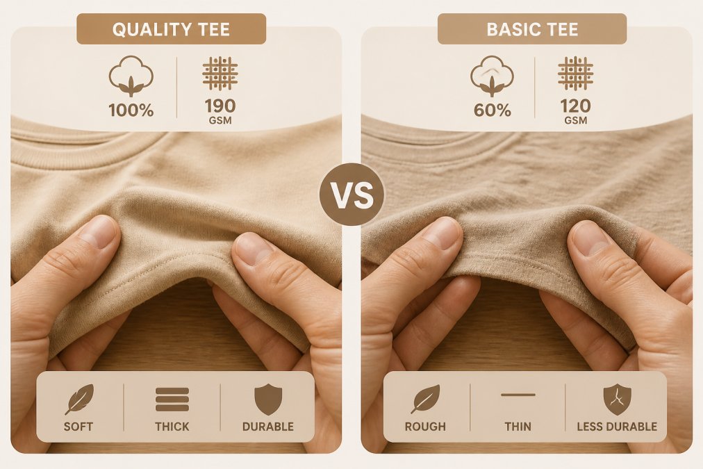 Close-up of hands comparing the fabric texture of two t-shirts side by side on a wooden table, one soft and thick combed cotton against a thinner rougher basic tee, natural window lighting