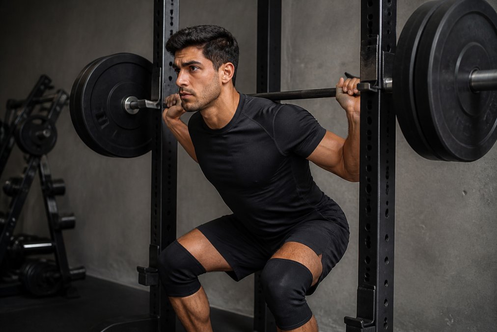 Athlete in premium technical gym apparel performing heavy squat with focused expression, demonstrating proper fit and confidence during intense training