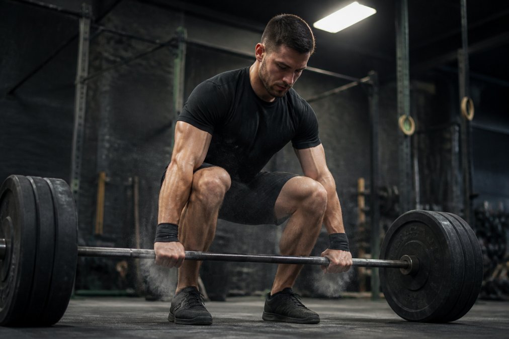 An athlete in a black performance t-shirt and training shorts preparing to pull a loaded barbell in a gritty, industrial gym, chalk dust in the air, focused expression under dramatic overhead lighting