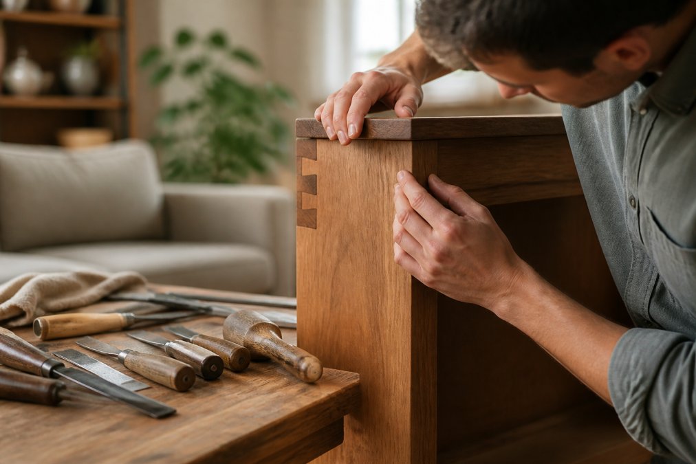 Hands inspecting the fine joinery and smooth finish of quality home decor solid wood furniture