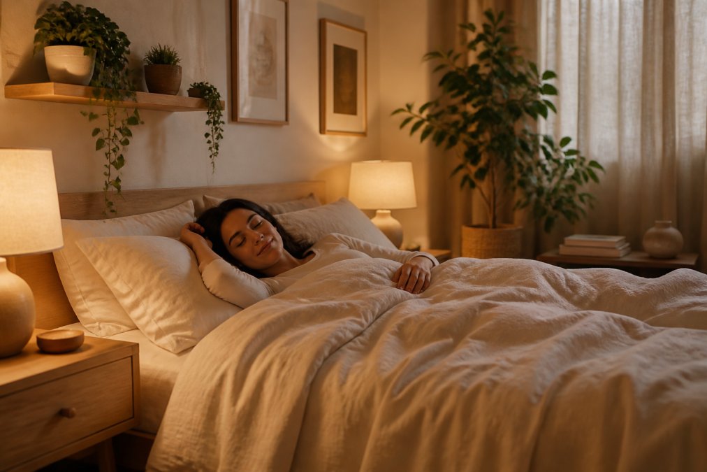 Person relaxing on a comfortable bed with quality natural-fibre bedding and soft ambient lighting, surrounded by thoughtfully arranged decor that conveys calm and intentional design