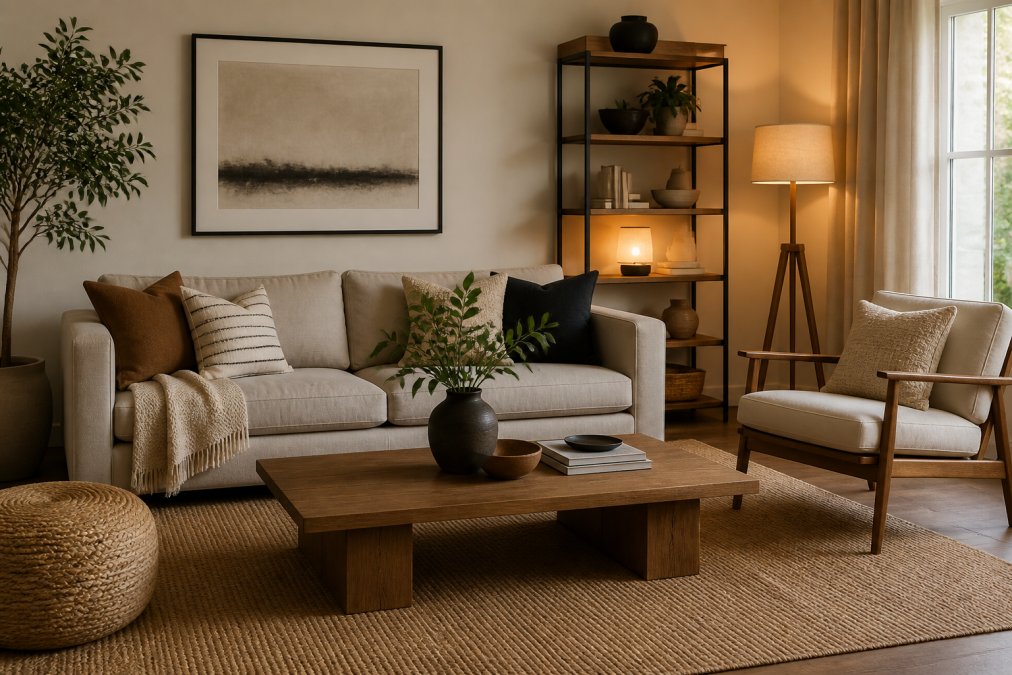Modern living room with carefully selected furniture in natural materials, quality textiles in neutral tones, ambient lighting creating warm atmosphere, and minimal but purposeful decor arrangement