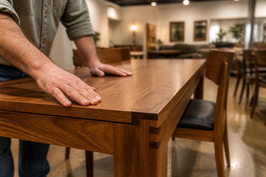 A close-up of a craftsman's hands running along the smooth edge of a solid wood dining table, visible wood grain and a dovetail joint in the foreground, warm workshop lighting with a showroom visible in the background