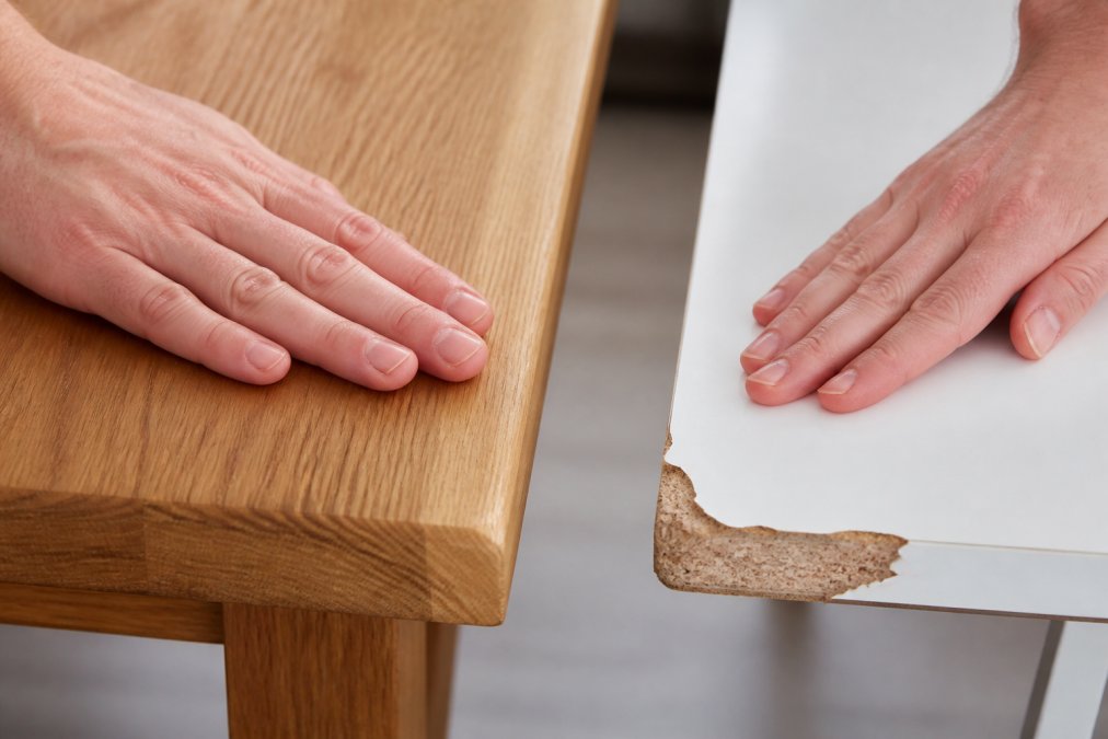 Comparison showing how material quality impacts home goods cost by contrasting solid oak grain with chipped particleboard.