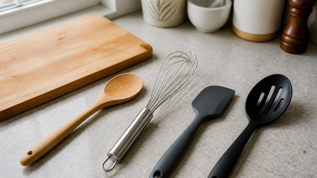 Close-up of a kitchen worktop with a wooden spoon, stainless steel whisk, silicone spatula and plastic slotted spoon laid out side by side next to a chopping board, natural daylight from a window