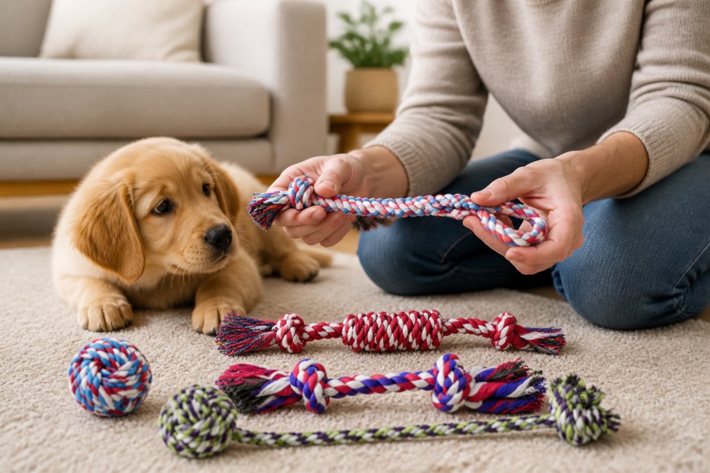 Pet owner's hands carefully examining a dog toy, running fingers along seams and testing material firmness, with a curious puppy watching nearby on a beige carpet in natural living room light