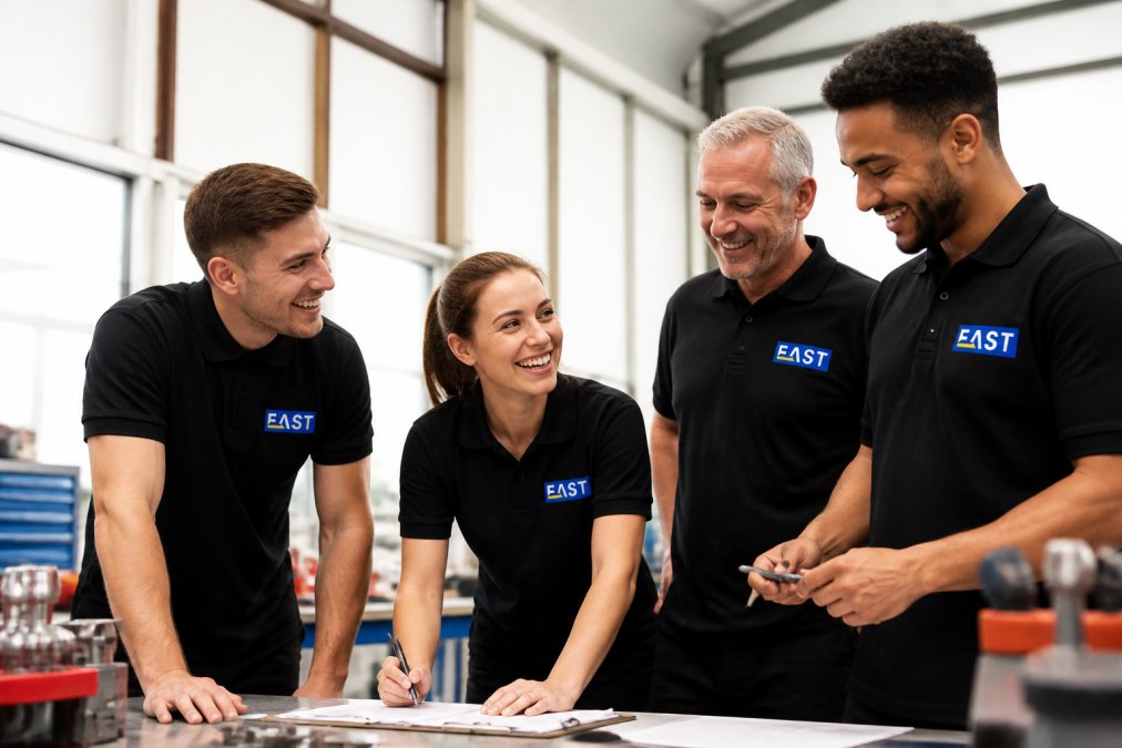 Diverse team of staff members wearing matching branded polo shirts and embroidered workwear, smiling and collaborating together in a bright workshop environment with natural lighting