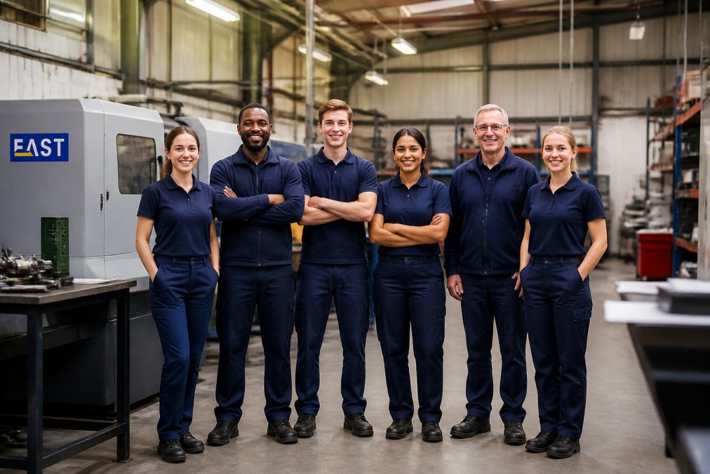 Group of employees from different departments and backgrounds wearing uniform branded workwear, standing together as a unified team in an industrial workshop setting