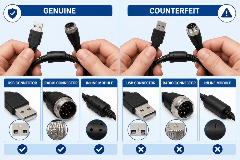 Close-up of hands holding a radio programming cable next to a genuine and counterfeit cable side by side, showing connector differences and markings under bright lighting