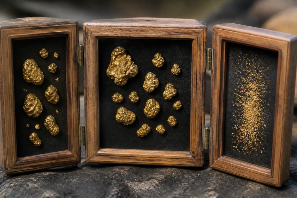 Close-up of raw placer gold nuggets and fine gold flakes displayed in a handcrafted tri-fold display case, showing natural texture, color variations, and the contrast between larger nuggets and dust particles under warm lighting