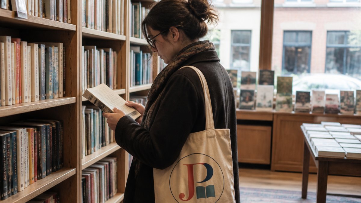 Woman browsing paperback novels in a cozy bookstore illuminated by warm afternoon sunlight