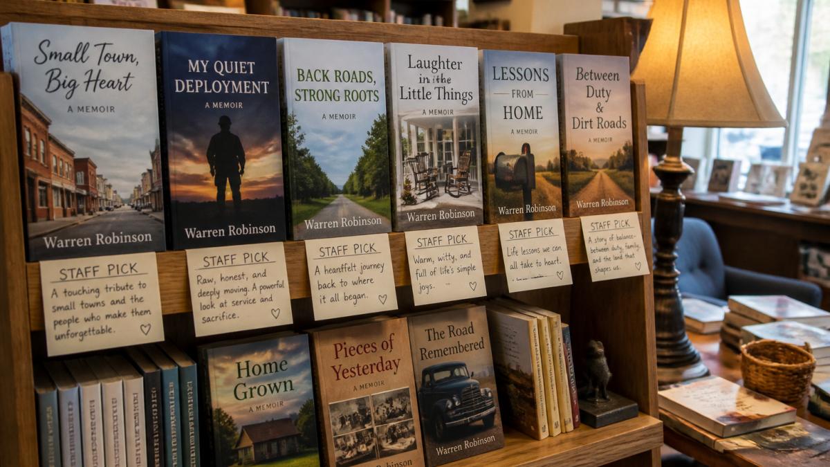 A cozy independent bookstore display featuring a shelf of memoirs by local authors, with handwritten staff recommendation cards and a warm reading lamp nearby