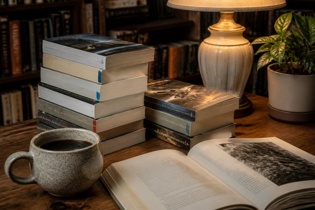A stack of science fiction multi book sagas and a tablet on a cozy wooden desk with coffee and a warm reading lamp.