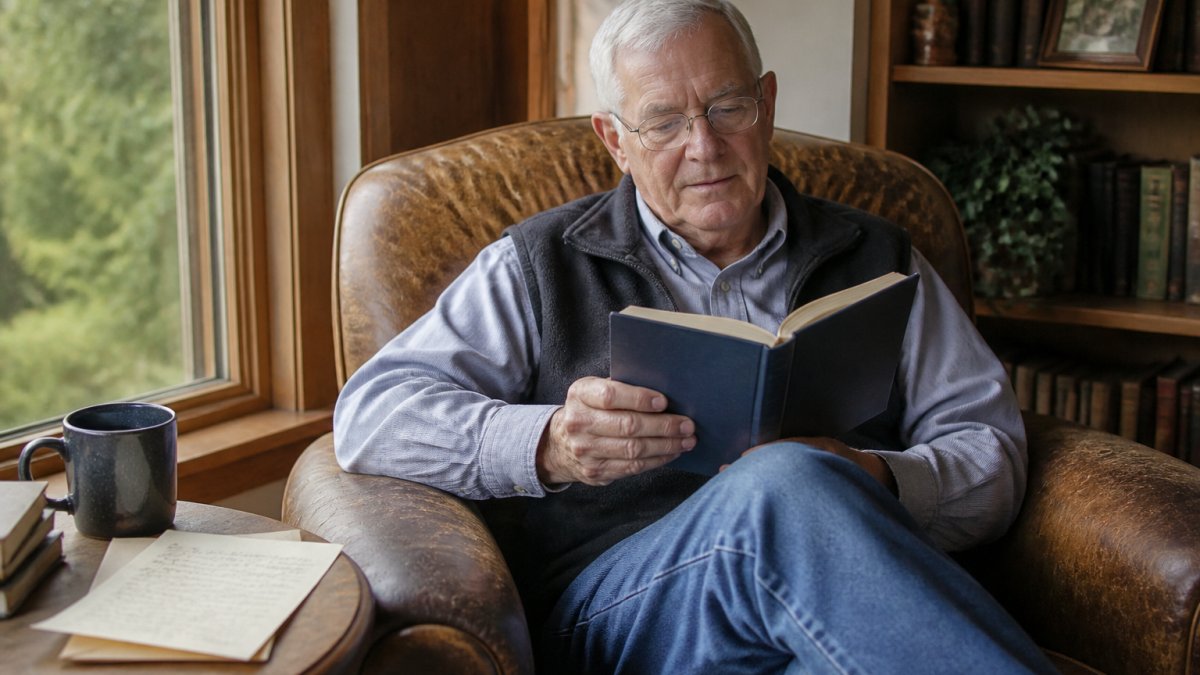 A reader seated in a worn armchair by a window, holding an open hardcover memoir with a handwritten letter resting on the side table beside a coffee cup