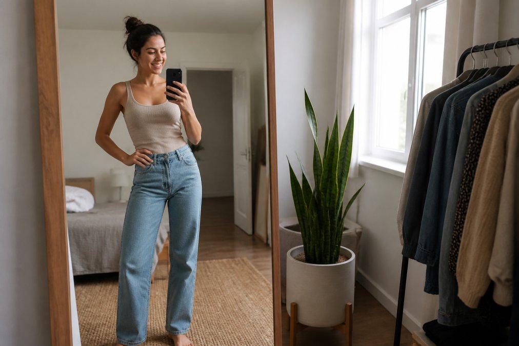 A woman smiling while photographing her outfit in a full-length mirror with her smartphone, casual bedroom setting with natural light