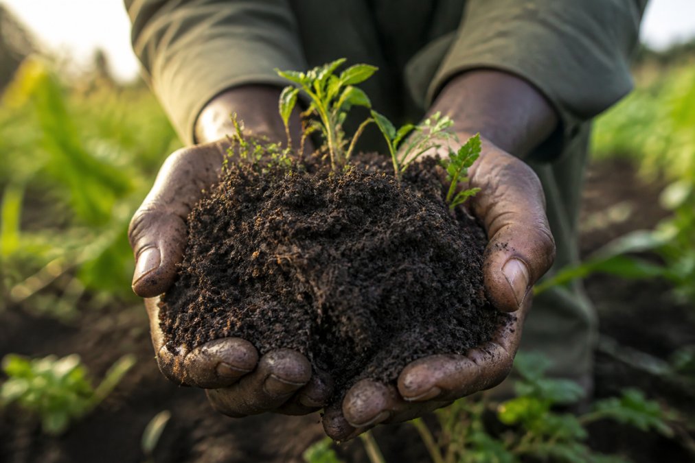 Close-up of hands holding rich, dark soil with green plants and vegetation sprouting from the earth, showing healthy soil teeming with microbial life and root systems in morning light
