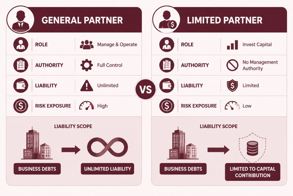 Comparison matrix showing general partner roles with unlimited liability versus limited partner roles with liability capped at capital contribution