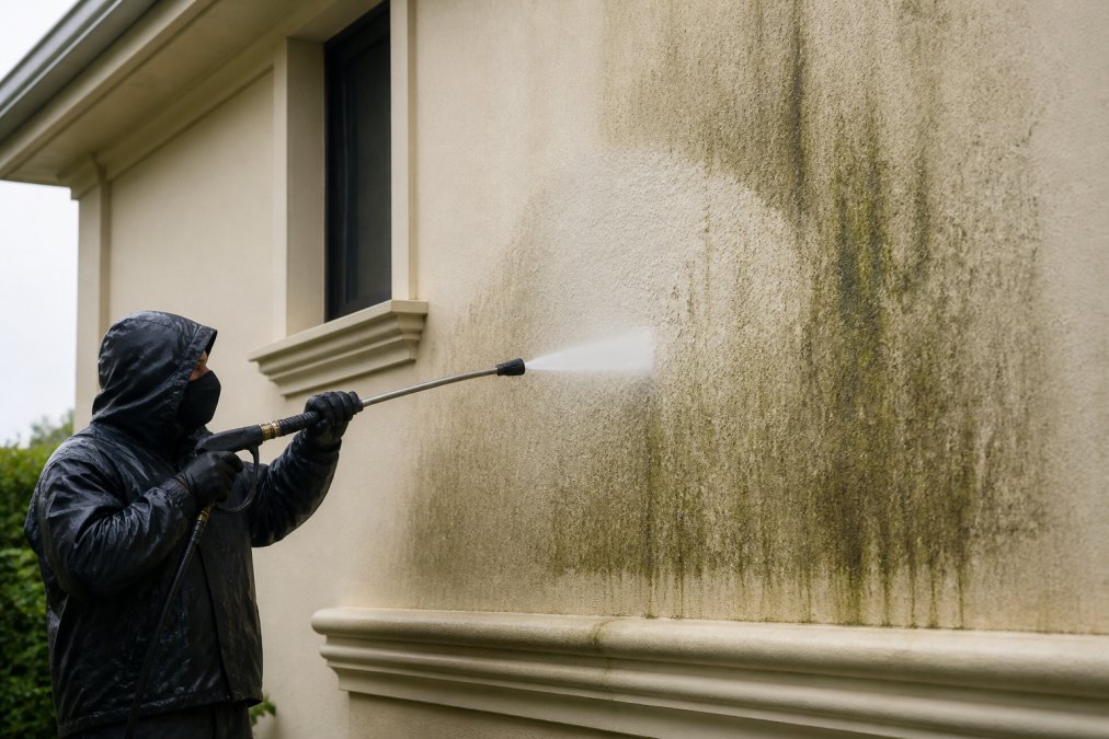 Close-up of a rendered building facade with visible green mould and dark algae streaks, a professional cleaner in protective gear using a high-pressure washer to strip the growth away, overcast daylight