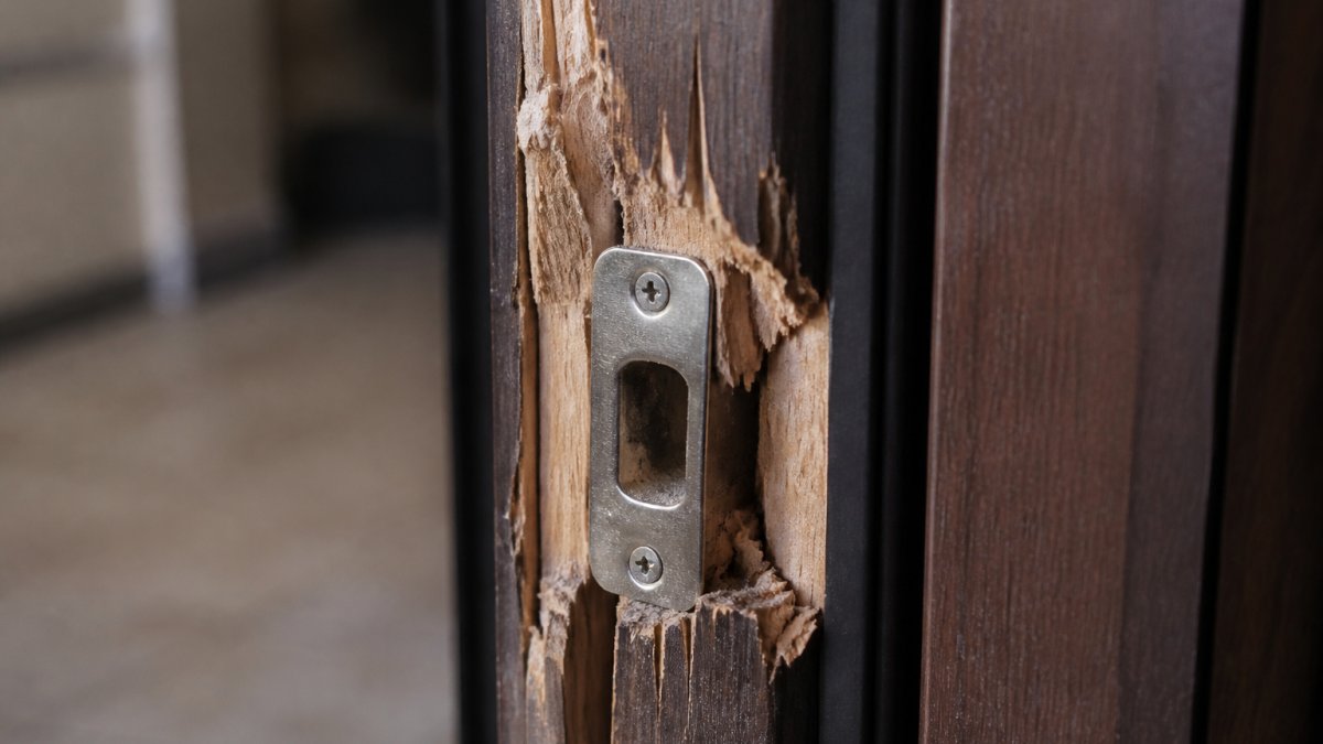 Close-up of a damaged wooden door frame showing splintered wood around the lock strike area and jamb, revealing structural failure from forced entry attempt