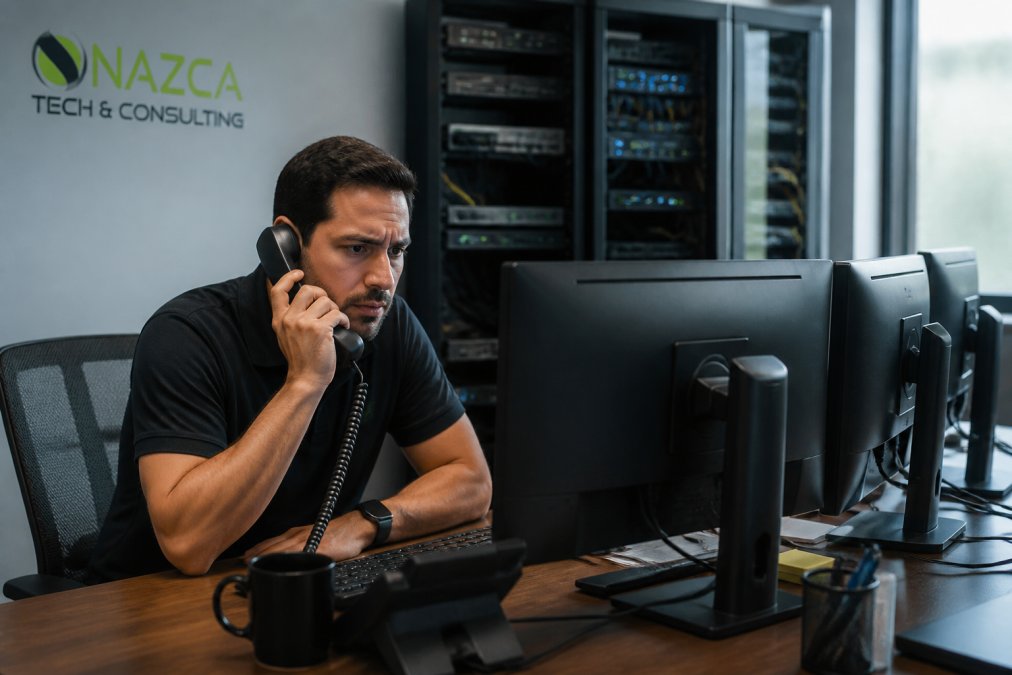 An IT technician sitting at a desk with multiple monitors showing network dashboards, looking concerned while on a phone call, with a server rack visible in the background