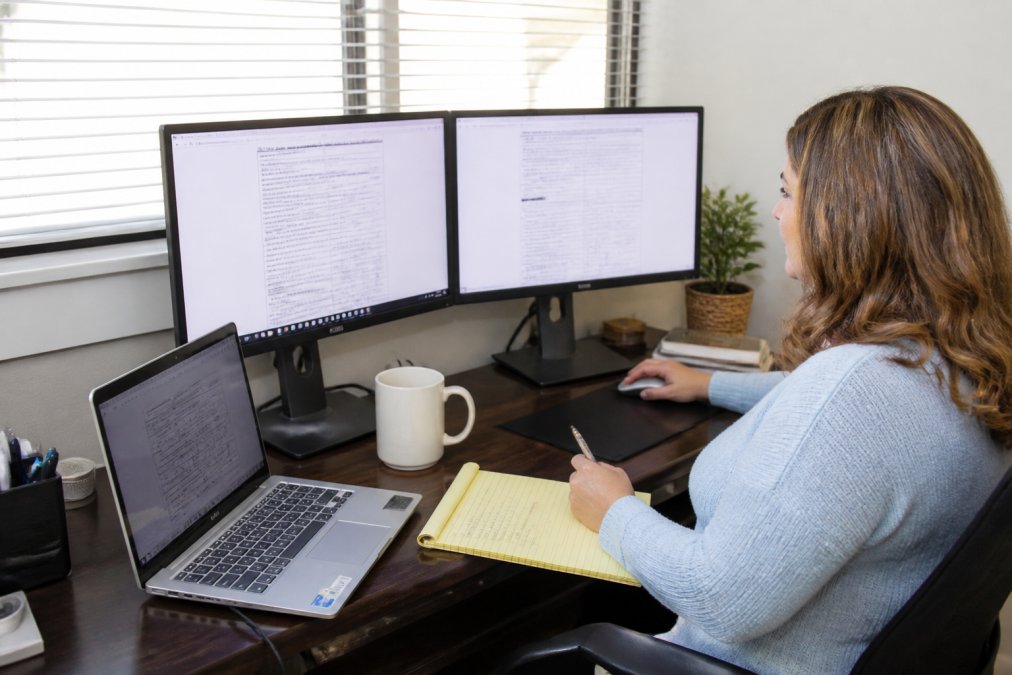 A title researcher working from home at a desk with dual monitors displaying property records and a laptop showing a cloud-based title search platform, with a notepad and coffee nearby