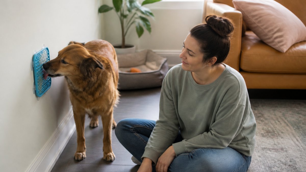 A person sitting calmly on the floor next to a rescue dog that is licking a suction-mounted lick mat attached to a wall, with a cozy dog bed visible in the background of a living room