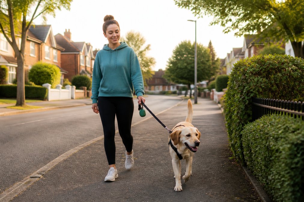 A dog owner walking their rescue dog on a lead during morning daylight through a quiet suburban street, showing a calm, predictable routine moment with soft natural light