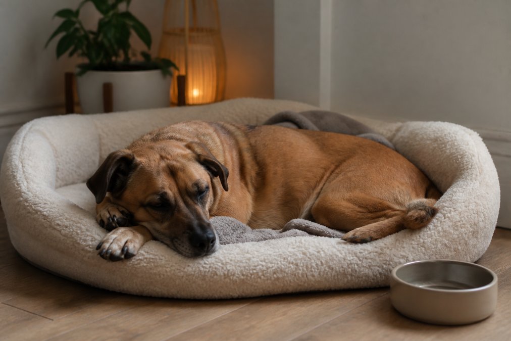 A rescue dog resting peacefully on a comfortable bed in a quiet corner of a home, with soft warm lighting and minimal distractions visible, showing a space of safety and decompression