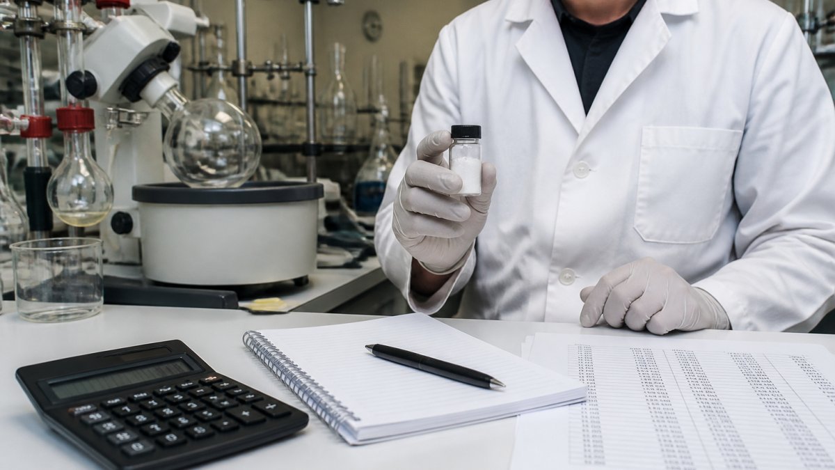 A scientist in a white lab coat and gloves holding a small glass vial of white powder beside a laboratory synthesis setup with glassware and analytical equipment in a clean research lab