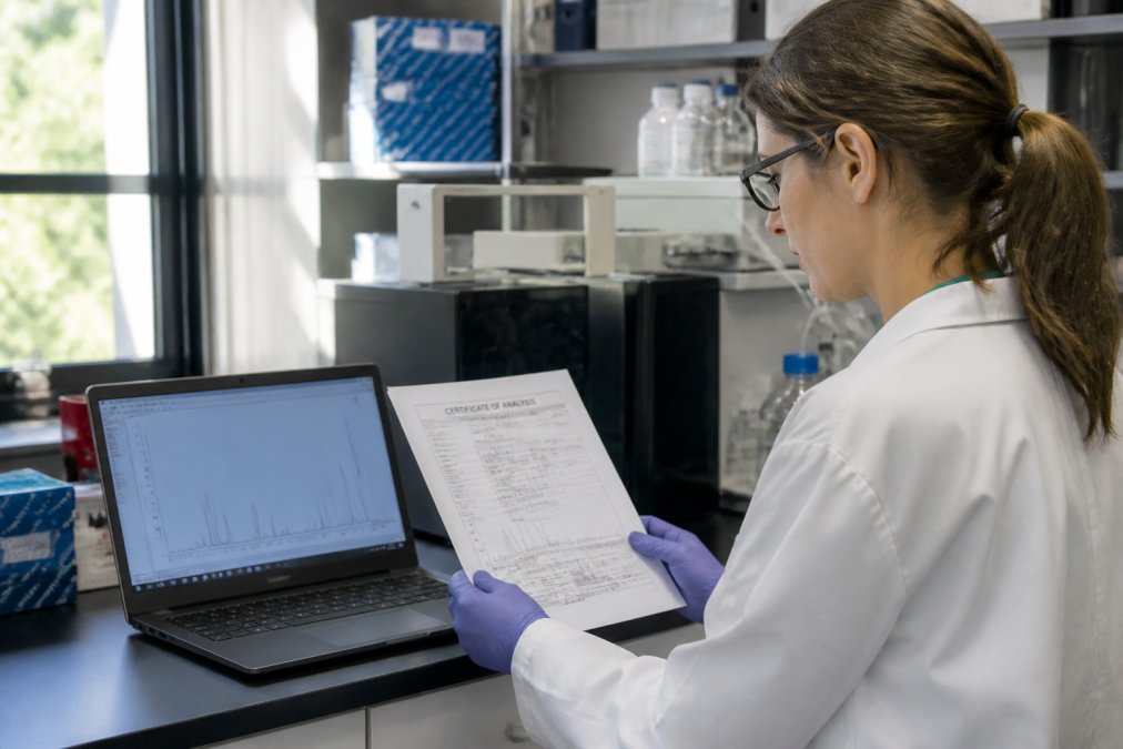 A laboratory researcher in a white coat examining a printed Certificate of Analysis document beside a laptop showing analytical data, in a clean, well-lit lab setting