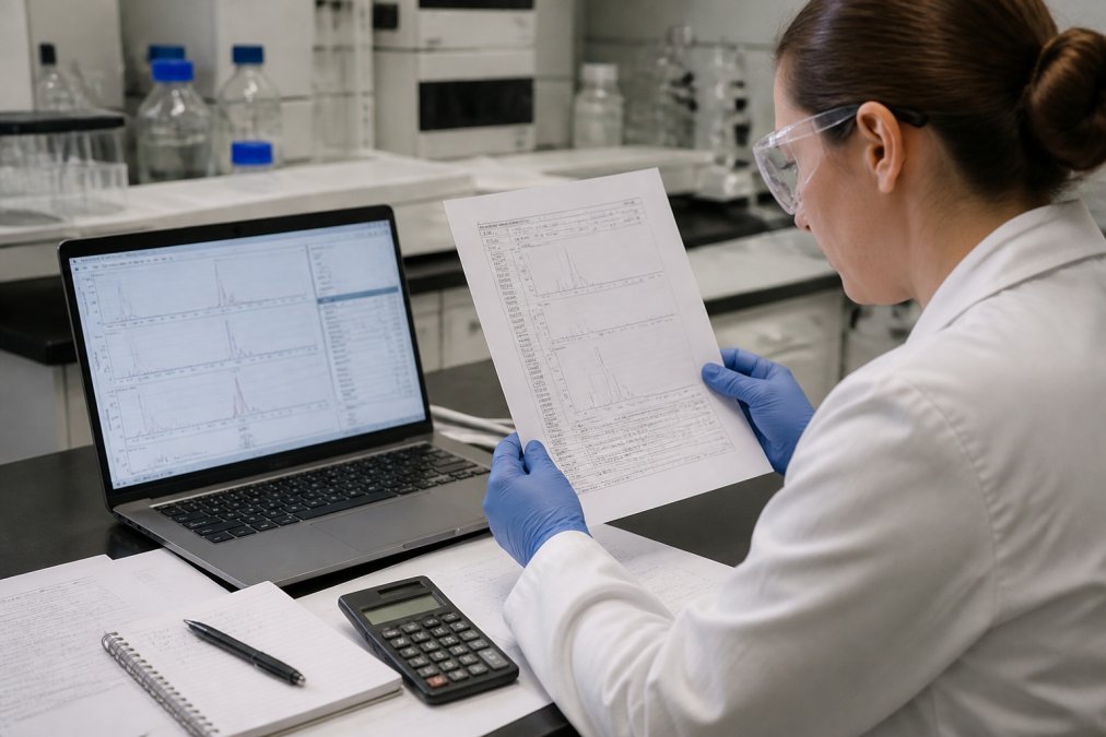 Lab technician reviewing a Certificate of Analysis, impacting peptide prices through rigorous quality verification.